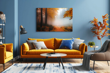 Vibrant yellow sofa and chair near teal wall with poster frame. Scandinavian interior design of modern living room