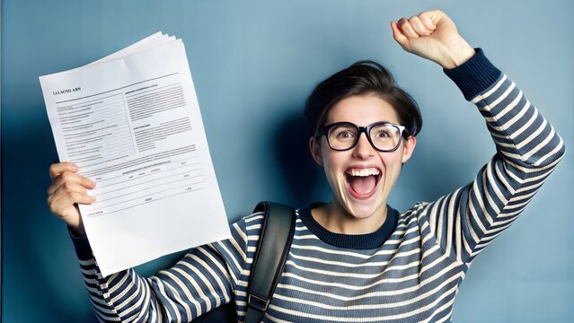 Excited Student Holding Exam Results: A student joyfully holding exam results, celebrating academic success.	
