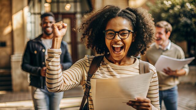 Excited Student Holding Exam Results: A student joyfully holding exam results, celebrating academic success.	
