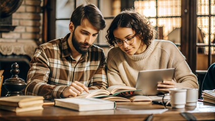 Study Buddies: Friends studying together, showing support in academic pursuits and mutual help.	
