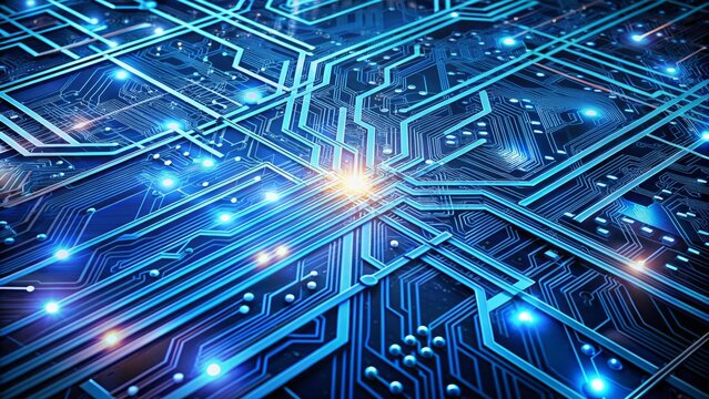 Complex interconnected digital pathways intertwine on a futuristic blue circuit board, conveying abstract data transfer and technological advancement.