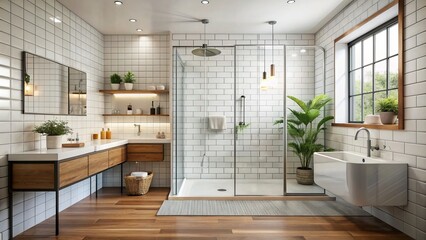 Modern Scandinavian bathroom exudes serenity with sleek lines, spacious shower, gleaming white tiles, and minimalist elegance.