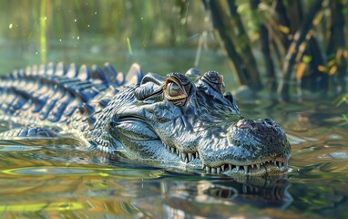Obraz premium Closeup of a Caiman in the water, with a menacing look on its face. Concept of danger, wildlife, and conservation.