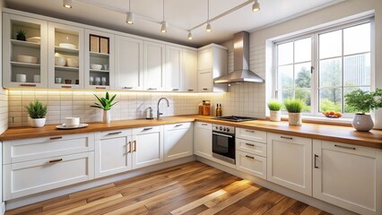 Fototapeta premium Bright and airy newly renovated small kitchen features white wooden cabinets, wooden countertop with splashbacks, and modern appliances.