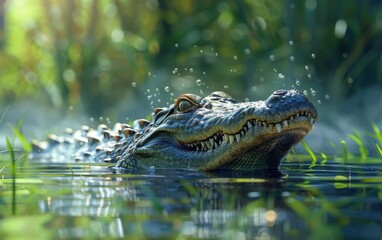 Fototapeta premium Close up of alligator or crocodile with sharp teeth in water with green foliage. Reptile wildlife in natural habitat. Animal danger and wild nature concept.
