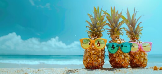 pineapples wearing colorful sunglasses on a sandy beach with turquoise sea and clear blue sky, summer travel background.