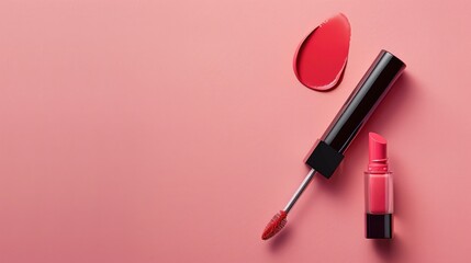 Liquid lipstick and applicator on pink background with lip gloss tube and brush on coral surface Overhead view with space for text