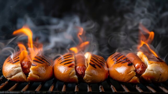 Hot dogs cooking with visible smoke and fire, dark background, detailed textures, mouthwatering and delicious