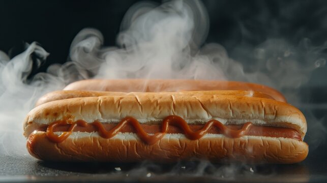 Hot dogs cooking with visible smoke and fire, dark background, detailed textures, mouthwatering and delicious