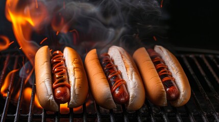 Hot dogs cooking with visible smoke and fire, dark background, detailed textures, mouthwatering and delicious