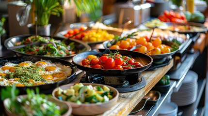 Obraz premium Vibrant breakfast buffet with assorted fresh vegetables, eggs, salads, and cherry tomatoes in a rustic setting