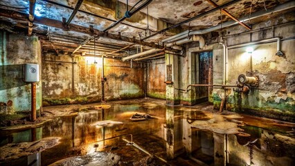 Water-soaked, mold-infested walls and floors, with peeling paint, rusty pipes, and scattered debris, in a dimly lit, neglected basement.