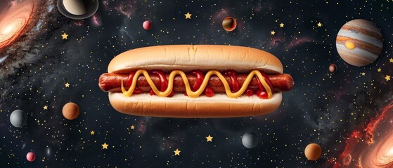 Hotdog in space for National Hotdog Day, surrounded by colorful galaxies, planets, and stars, vibrant and detailed, cosmic celebration