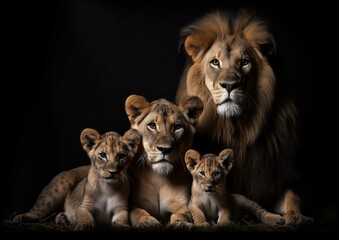 Lion Family Portrait In Dark Setting