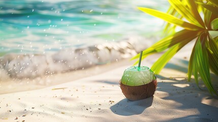 Tropical Beach with Sea Coconut Drink on Sand: Summer Scene

