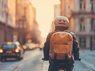 Fototapeta premium Person wearing a helmet and backpack riding a bicycle in an urban city street during sunset, with blurred cars in the background.