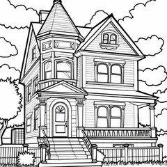 Naklejka premium Intricate line art of a Victorian house designed for coloring pages, showcasing architectural details in a simplified, artistic style.