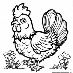 Obraz premium Black and white cartoon chicken in a garden with flowers, perfect for kids' coloring activities and educational purposes.