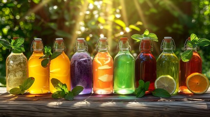 A variety of colorful drinks in glass bottles, neatly arranged on a rustic wooden table with a vibrant outdoor garden background