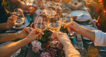 A joyful moment as friends toast with glasses of sparkling rose wine in a lush garden setting during a sunny day.