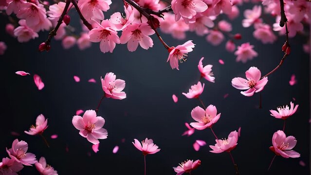 Beautiful pink cherry blossoms falling gracefully against a dark background