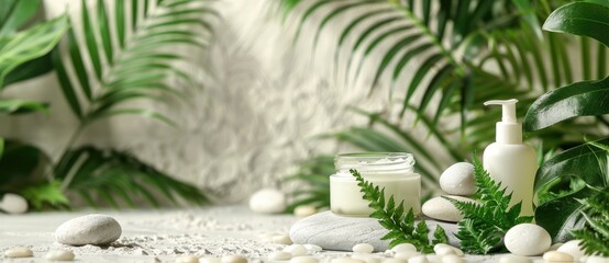 A beautiful spa setting with various cosmetic products like creams gels bath salts and fern leaves placed on a white wooden table as a copy space image 