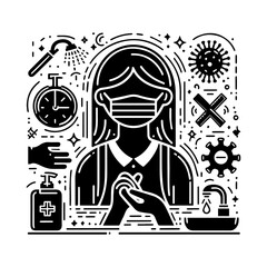 minimal line art design promoting school safety and health measures, such as wearing masks, washing hands, and maintaining social distancing Silhouette black and white background,