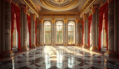 A realistic fantasy interior of the royal palace. gold and red palace. castle interior. Fiction Backdrop