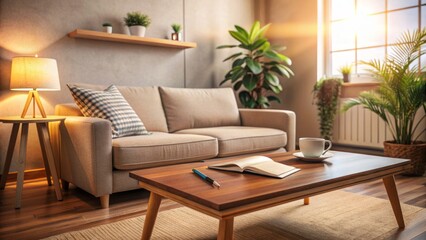 Cozy therapy room with couch, coffee table, notepad, and pen on table, calm atmosphere, warm lighting, and subtle wood tones.