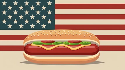 Vintage style poster of American hotdog, stars and stripes flag, National Hot Dog Day celebration, classic condiments, retro design