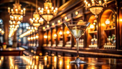 Elegant glassware shines beneath soft, blurred lights, amidst rich wood tones and ornate fixtures in a vintage champagne-colored bar setting.