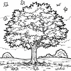 Fototapeta premium A black and white illustration of a tree in a park with falling leaves, ideal for coloring activities.