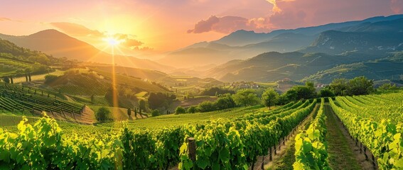 Extra wide panoramic shot of a summer vineyard shot at sunset. Copy space image. Place for adding text or design