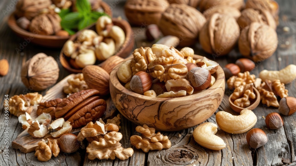 Poster various nuts displayed on a wooden table cedar cashew hazelnut and walnuts with a spoon numerous nut