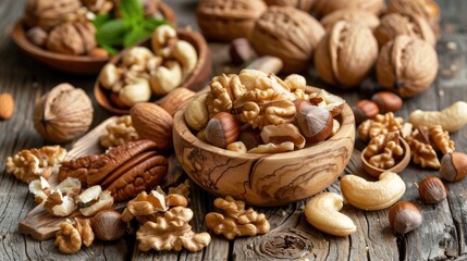 Various nuts displayed on a wooden table Cedar cashew hazelnut and walnuts with a spoon Numerous nuts in shells and shelled on a wooden surface