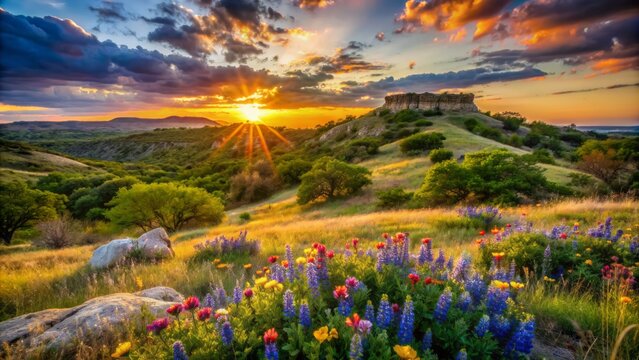 Vibrant orange clouds streak across the sky above rolling hills, wildflowers, and limestone outcroppings in serene Texas Hill Country sunset.