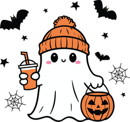 Adorable Bougie Ghost with Iced Coffee | Cute Halloween SVG | Spooky Summer Vibes | Kids Halloween Shirt | Sticker | Mug | Sublimation Design | Cartoon Ghost | Pumpkin Basket | Bats | Spiderweb