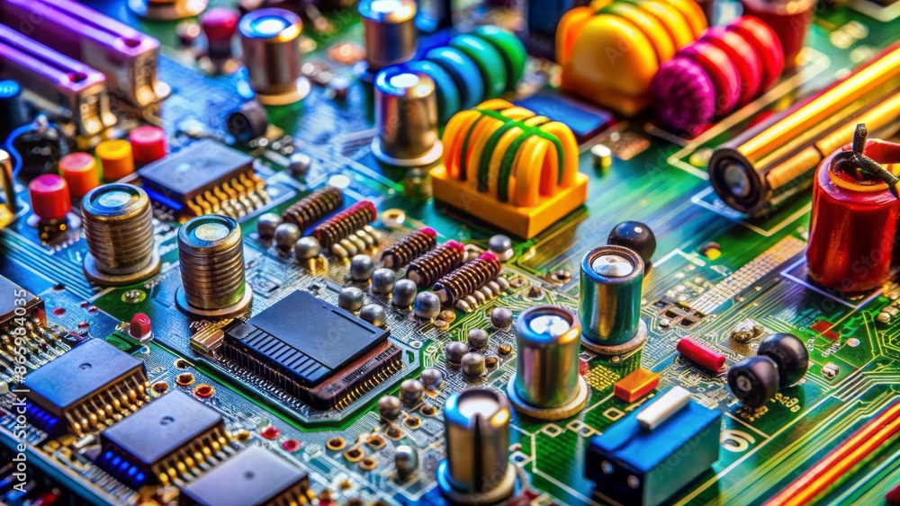 Poster closeup of intricate electronic components and circuits on a complex motherboard with colorful wires