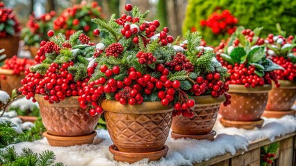 Vibrant red wintergreen berries and lush greenery overflow from elegant ceramic flowerpots, adding a touch of winter wonderland charm to any setting.
