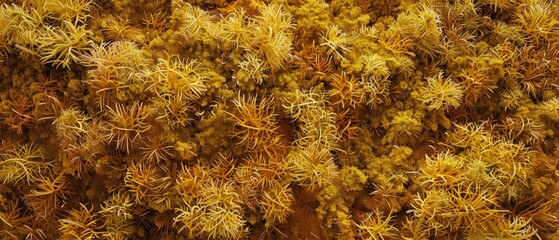 Panoramic close-up, high detail scan of golden moss material, Generative AI