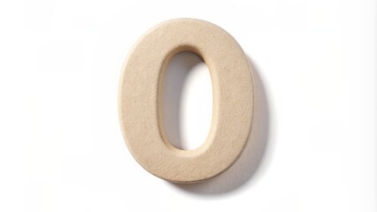 A bland, beige-colored number zero digit stands alone on a clean, white background with subtle shadow and soft focus.