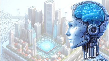 3d rendered illustration of a city with Roboto AI head