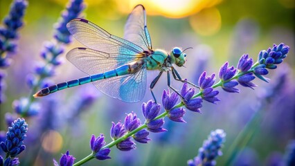 Vibrant blue dragonfly perches delicately on fragile twig of blooming lavender branch amidst serene natural background of soft focus greens.