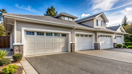 Clean, modern facade features two identical white garage doors with metallic handles, set against a tidy, asphalt-paved driveway backdrop.
