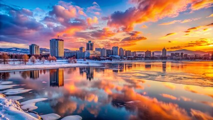 Vibrant orange hues illuminate the frozen Yenisei River and snow-capped cityscape of Krasnoyarsk in a breathtaking winter sunset panorama.