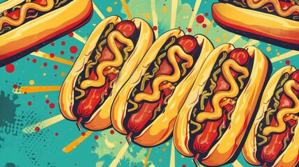 National Hotdog Day retro poster, illustrated hotdogs with ketchup and mustard, old-school design, celebratory feel, colorful and lively