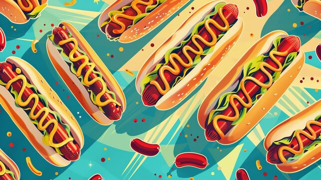 National Hotdog Day retro poster, illustrated hotdogs with ketchup and mustard, old-school design, celebratory feel, colorful and lively