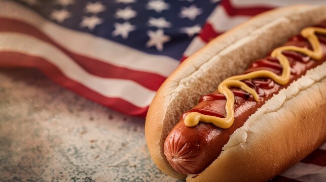 Retro poster featuring a classic hotdog, American flag backdrop, stars and stripes, celebrating National Hot Dog Day, vintage Americana style