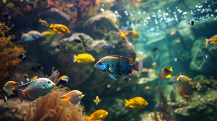 Fototapeta premium Serene Freshwater Aquarium: Modern Design in Natural Light, Captured in High Contrast HDR from a Bird's Eye View