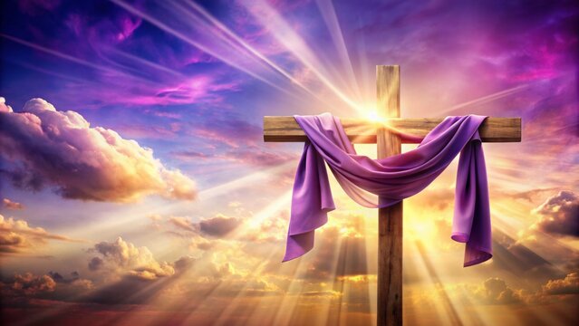 Vibrant purple sash elegantly draped across a majestic Easter cross, radiant with a soft, ethereal glow in a serene background atmosphere.